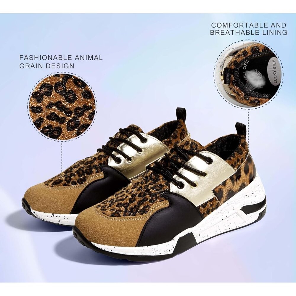 Lucky Step Women's Brown High Heel Wedge Sneaker Fashion Cliff Platform Lace Up - Picture 4 of 9